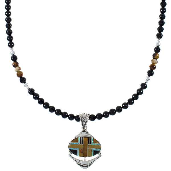 Multicolor Inlay Sterling Silver Southwest Bead Necklace Set RX94142